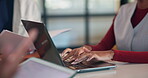 Laptop, typing and meeting with hands of person in office for  minutes review, planning and proposal draft. Workshop, agenda report and reminder with employees in agency for research and summary