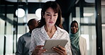 Serious, businesswoman and walking with tablet in office, scroll or plan for investment opportunity. Wealth manager, online and mature person with tech for risk management, bokeh and browsing info
