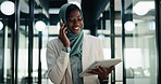 Phone call, tablet and muslim woman in office with communication on investment negotiation. Digital technology, cellphone and islamic female financial manager on mobile discussion for revenue growth.