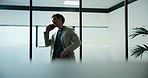 Phone call, happy and businessman in office with communication on investment negotiation. Contact, cellphone and financial manager on mobile discussion for feedback on revenue growth in workplace.