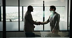 Meeting, handshake and business men in office with finance deal, negotiation or partnership. Collaboration, greeting and male financial manager shaking hands with investor for investment contract.
