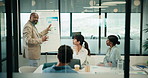 Man, presentation and charts with review for team at office meeting, board and explain at finance company. Person, speaker and insight with graphs, feedback and collaboration at investment agency
