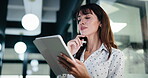 Thinking, businesswoman and research with tablet in office, planning and wealth management decision. Bokeh, financial planner and mature person with tech for business growth, reflection and online