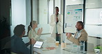 Applause, meeting and business woman in office with team for company profit, revenue or success. Celebration, graphs and financial manager with approval for investment, budget charts or planning