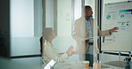 Businessman, presentation and tablet with board for team at office, charts or review at finance company. People, speaker and window with app for graph, feedback and collaboration at investment agency