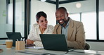 Laptop, meeting and business people in office with feedback on company revenue growth with tech. Computer, discussion and financial advisor with manager for review on investment proposal in workplace