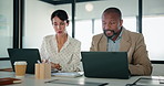Laptop, discussion and business people in office with planning for revenue growth with report. Technology, meeting and team of financial advisors with computer for investment proposal in workplace.