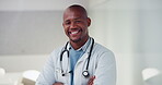 Smile, doctor and face with black man in hospital for healthcare advisor, about us and pride. Medical specialist, happy and arms crossed with person in clinic confidence, physician and healing