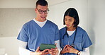 Tablet, reading and team with nurses in hospital for medical report, planning and surgery schedule. Healthcare, discussion and advice with people in clinic for  research, digital records and feedback