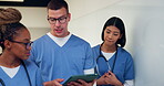 Tablet, talking and team with nurses in hospital for medical report, planning and surgery schedule. Healthcare, discussion and advice with people in clinic for  research, digital records and feedback