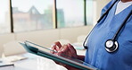 Scroll, nurse and tablet with hands of woman in hospital for healthcare report, planning and surgery schedule. Medical checklist, digital records and clinic review with person and tech for update