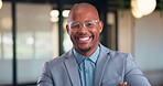 Glasses, laughing and face of business black man in office for financial advisor, pride and smile. Asset manager, about us and investment broker with employee in agency for funny and consultant
