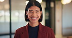 Laughing, professional and face of business woman in office for about us, real estate agent and pride. Property development advisor, joke and consultant with female employee in agency as realtor