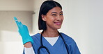 Nurse, mask and face of woman in hospital for virus protection, outbreak and smile. Healthcare advisor, infectious disease ppe and medical with person in clinic for wellness, safety and about us
