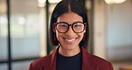 Laughing, glasses and face of business woman in office for about us, real estate agent and pride. Property development advisor, confidence and professional consultant with employee in agency for joke
