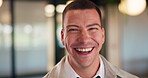Funny, professional and face of business man in office for about us, real estate agent and pride. Property development advisor, confidence and realtor consultant with male employee laughing in agency