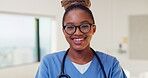 Nurse, face and glasses with black woman in hospital for medical intern, about us and smile. Healthcare trainee, happy and nursing with female person in clinic for wellness, physician and confidence