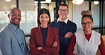 Face, smile and team with business people in office for diversity, about us and property investor. Collaboration, real estate agents and solidarity with employees in firm for support and partners