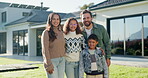 Outdoor, face and family with children at house, love and pride for property investment or milestone. Happy, parents and people with kids, embrace and smile for home ownership and real estate in USA