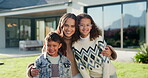 Outdoor, face and mom with children at house, love and happy with property investment and milestone. Family, mother and woman with kids, embrace and smile for home ownership or real estate in Canada