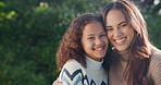 Outdoor, face and mom with child, house and laugh with daughter and confident with family connection. Happy woman, love and embrace with kid in backyard, single parent and girl on weekend at home