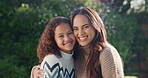 Outdoor, face and mom with child, home and laugh with daughter and confident with family connection. Happy woman, love and embrace with kid in backyard, single parent and girl on weekend at house