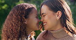 Outdoor, bonding and mom with child, house and relax with daughter and happy with family connection. Woman, love and embrace with kid in backyard, mother and nose touch with girl on weekend at home