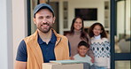 Delivery man, face and box at front door with family for courier service, distribution and smile. Male person, shipping or logistics with employee and tablet by house, people and happy with package