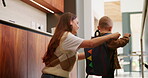 Growth, child and excited mother with schoolbag in home for kindergarten start, help and first day. Backpack, proud mom or boy kid in morning for back to school, getting ready or learning development