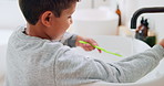 Bathroom, oral hygiene and child with toothbrush in morning, water or cleaning teeth with toothpaste. Home, sink and kid with dental health tool for wellness, grooming and self care for fresh breath