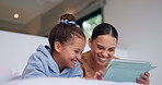 Laugh, tablet and mom with child on bed for watching movies, online videos and streaming. Family, home and happy mother with girl on tech for bonding, connection and relax in bedroom with website