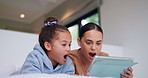 Shock, tablet and mom with child on bed for watching movies, online videos and series. Family, home and mother with girl on tech with surprise for bonding, connection and entertainment in bedroom