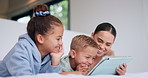 Laugh, tablet and mom with children on bed for watching movies, online streaming and funny videos. Family, home and happy woman with kids on digital tech for bonding, connection and relax in bedroom