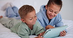 Tablet, relax and kids in bedroom with smile for streaming show, movie choice and siblings bonding. Bed, happy children and tech in home for subscription, watch cartoon or entertainment in morning