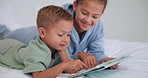 Tablet, relax and children in bedroom with smile for show, scroll movie and siblings bonding. Bed, happy kids and tech in home for subscription, watch cartoon or streaming entertainment in morning