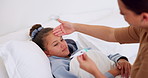 Sick, girl and cough with mom or thermometer in bed for fever, influenza or temperature in home. Child, kid and mother monitoring cold with allergy or flu symptoms for virus or infection in house