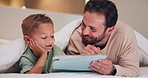 Happy, bedroom and dad with child on tablet for watching movie, videos and online story for bedtime. Family, night and father with boy on tech for streaming, bonding and connection in home together
