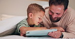 Night, bedroom and dad with child on tablet for education games, entertainment and online in home. Family, happy and father with boy on digital tech for subscription, bonding and connection together