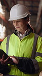 Logistics, woman or scroll on tablet in warehouse to manage inventory, verify shipment or export. Inspector, mature person and shipping app to update delivery log, track vendor claim and supply chain