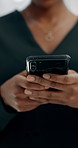 Hands, phone and typing with business woman in office for alert, communication or notification. App, contact or update with employee on digital tech for internet search, management or text message