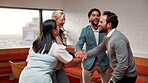 Success, team and stack with celebration in office for winning pitch, deal closure or investment. Finance manager, happy people or huddle with clapping for funding approval, group milestone or pride