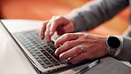 Laptop, hands and person typing for online planning, email or business proposal for opportunity. Computer, person or entrepreneur with web information, productivity and research for job investment