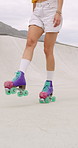 Park, rollerskate and legs of woman for outdoor skating, hobby or cardio with balance. Fun, moving and skater feet with practice, training or extreme sport for fitness, recreation or holiday