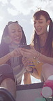 Outdoor, roller skates or friends with mobile for laughing, social media or trick tutorial for break. Reading, funny chat or happy people with phone for hobby research, rest or sunshine at skate park