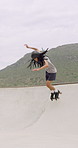 Rollerblades, ramp and jump with black man in skatepark for hobby, exercise and extreme sports. Roller skating, training and balance with person outdoor for recreation, technique and practice