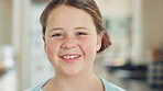 Face, girl and kid in house with smile, positive attitude and independent for childhood development. Happy, child and relax in living room with growth, optimistic and good mood for weekend break.