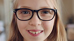 Face, home and child with glasses for vision, eye care and prescription lens for eyesight or health. Portrait, smile and kid with eyewear for visual correction, ophthalmology and healthcare in house