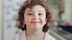 Child, face and relax with smile in home, thinking and girl with imagination on weekend or thoughts. Kid, contemplating and remember good memory on break, portrait and happy with ideas and reflection