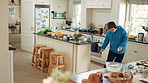 Dance, headphones and man in kitchen with energy for performance, audio or playlist in home. Tech, movement and person with down syndrome for hobby, entertainment and weekend fun in apartment