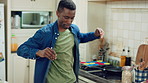 Kitchen, black man and dance for freedom, energy and weekend celebration with audio in apartment. Happy person, moving and music with rhythm at home, unwind and stress free with good vibes in morning